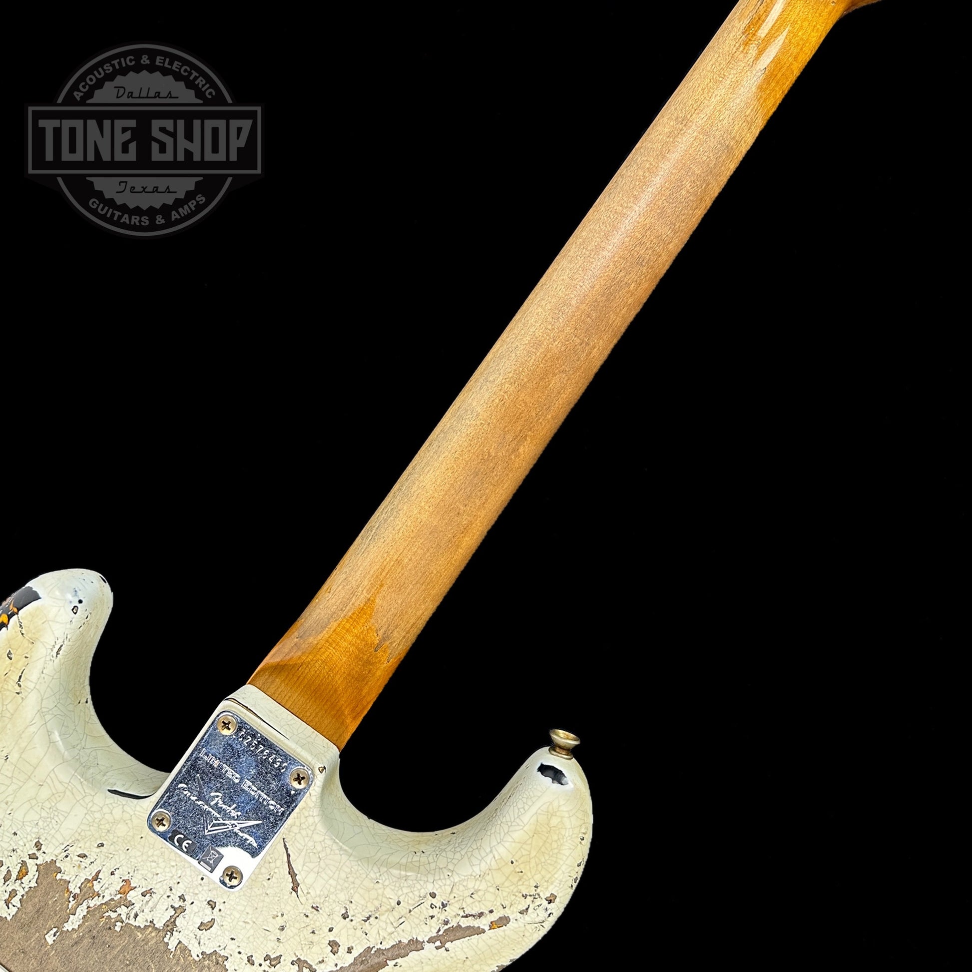 Back of neck of Fender Custom Shop Limited Edition Roasted '60 Strat Super Heavy Relic Aged Olympic White Over 3 Color Sunburst.