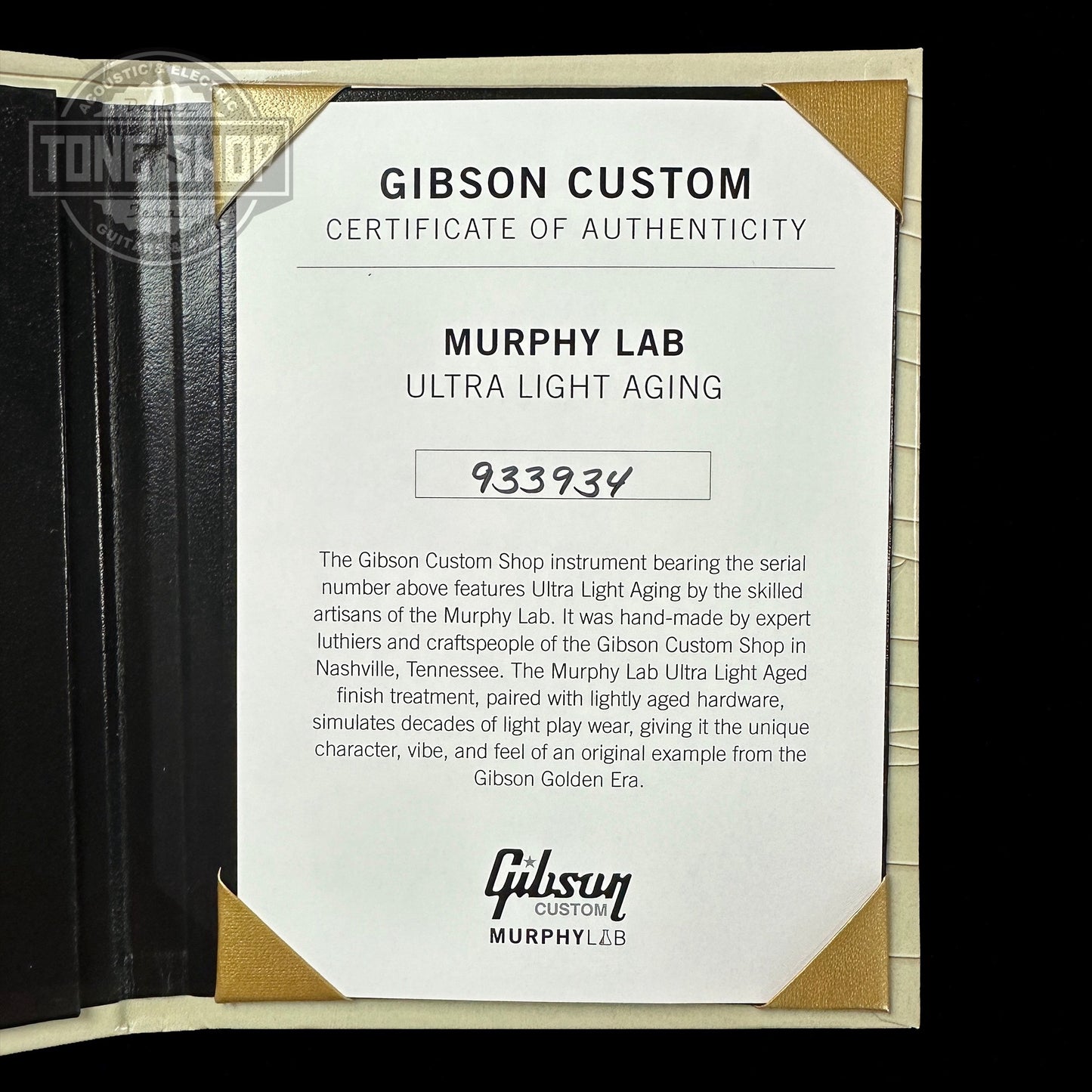 Certificate of authenticity for Gibson Custom Shop M2M 1959 Les Paul Standard Sunrise Tea Burst Murphy Lab Ultra Light Aged.