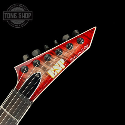 Front of headstock of ESP USA Horizon-II Flame Maple Blood Moon.