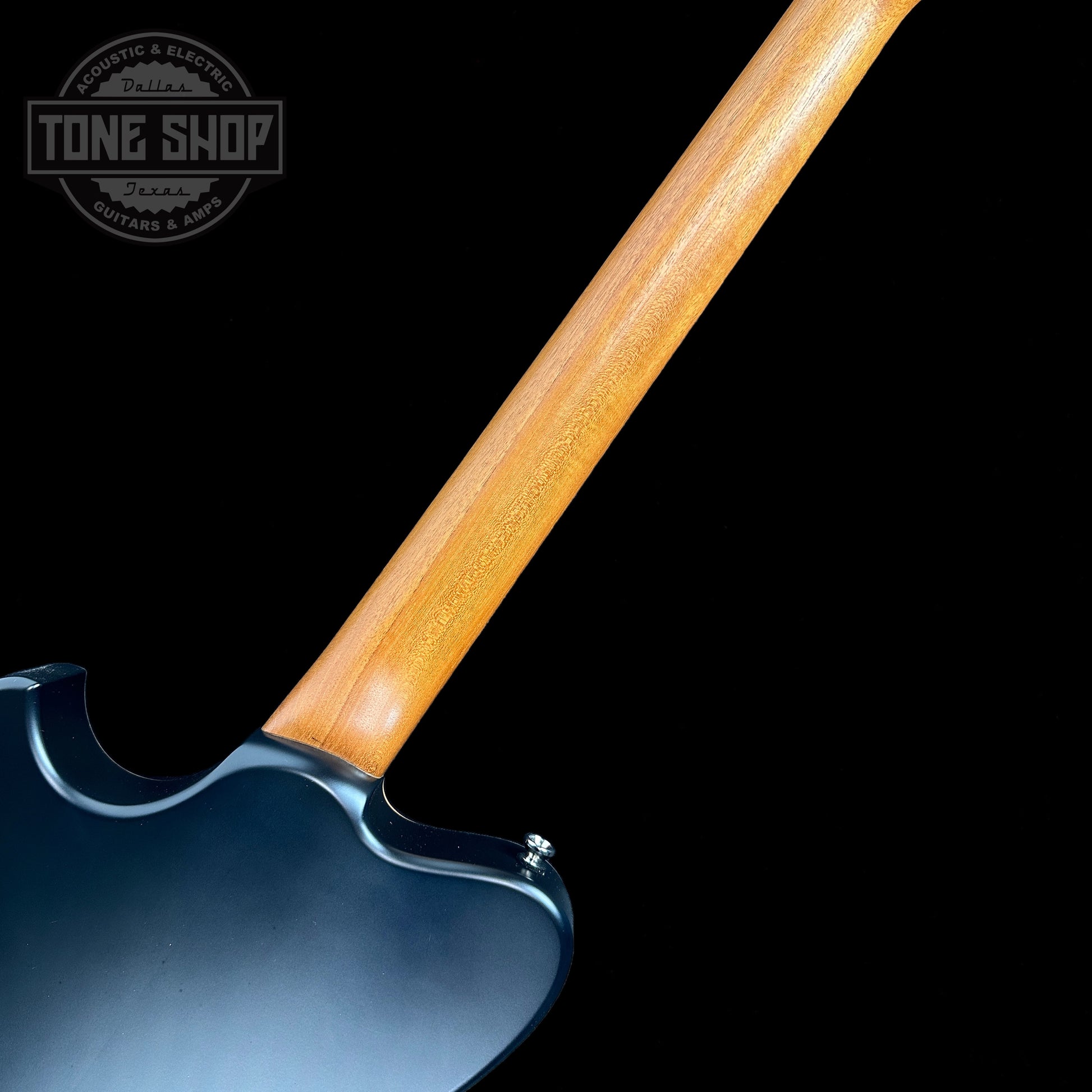 Back of neck of Powers Electric A-Type Select Maple Sweet Tea Orange PF42 Pearl Ebony Warm.