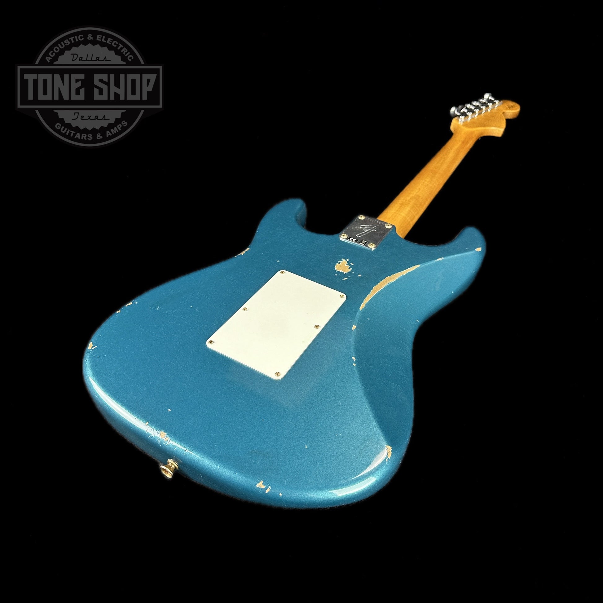 Back angle of Fender Custom Shop 69 Stratocaster Relic HSS Ocean Turquoise Reverse Headstock.
