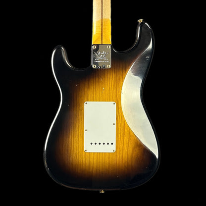 Back of body of Fender Custom Shop LTD 70th Anniversary 1954 Stratocaster Journeyman Relic 2-Color Sunburst.