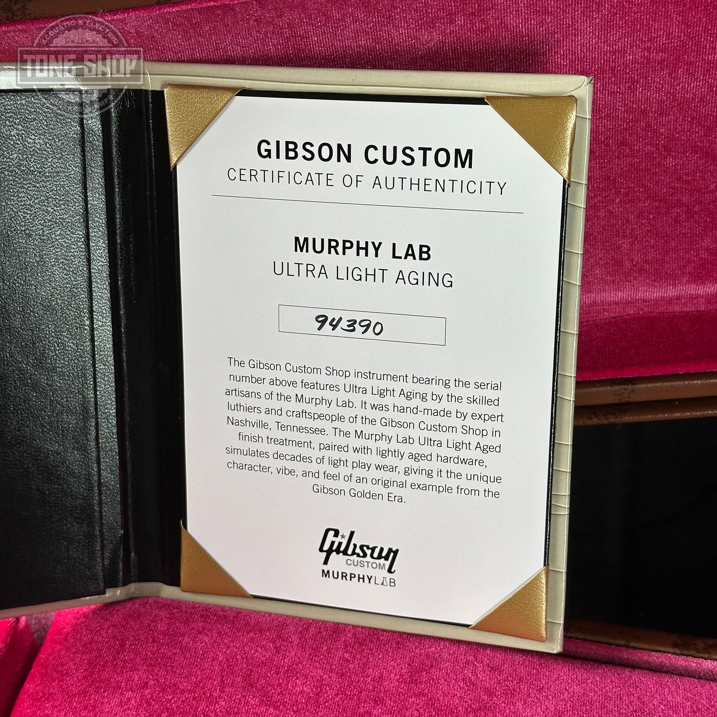 Gibson Custom Certificate of Authenticity for Murphy Lab Ultra Light Aging on a red background