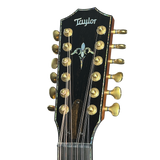 Taylor guitar headstock with gold tuning pegs on a white background