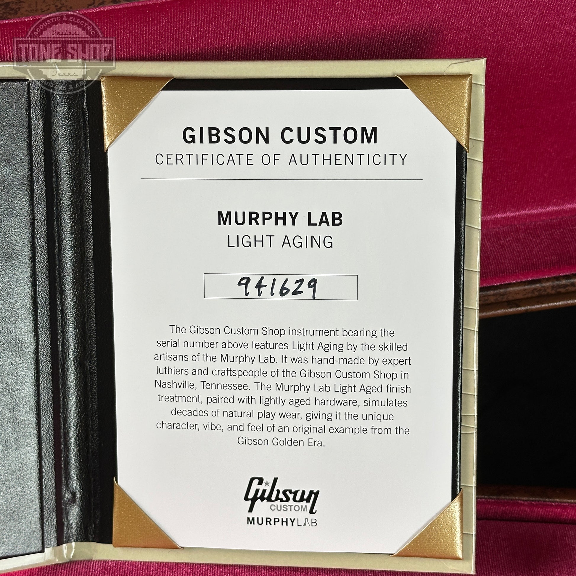 Gibson Custom Certificate of Authenticity for Murphy Lab Light Aging on a red background