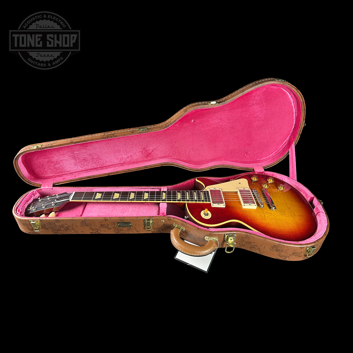 Gibson Custom 58 Les Paul Factory Burst inside Brown Gibson Les paul case