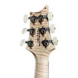 Close-up of a guitar headstock with tuning pegs on a white background