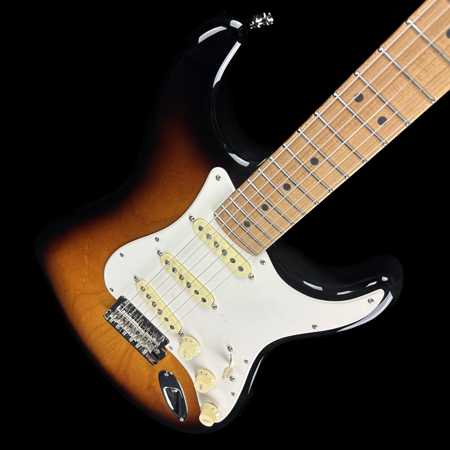 Front angle of Fender American Professional II Strat Roasted MP 2-Color Sunburst Ash.