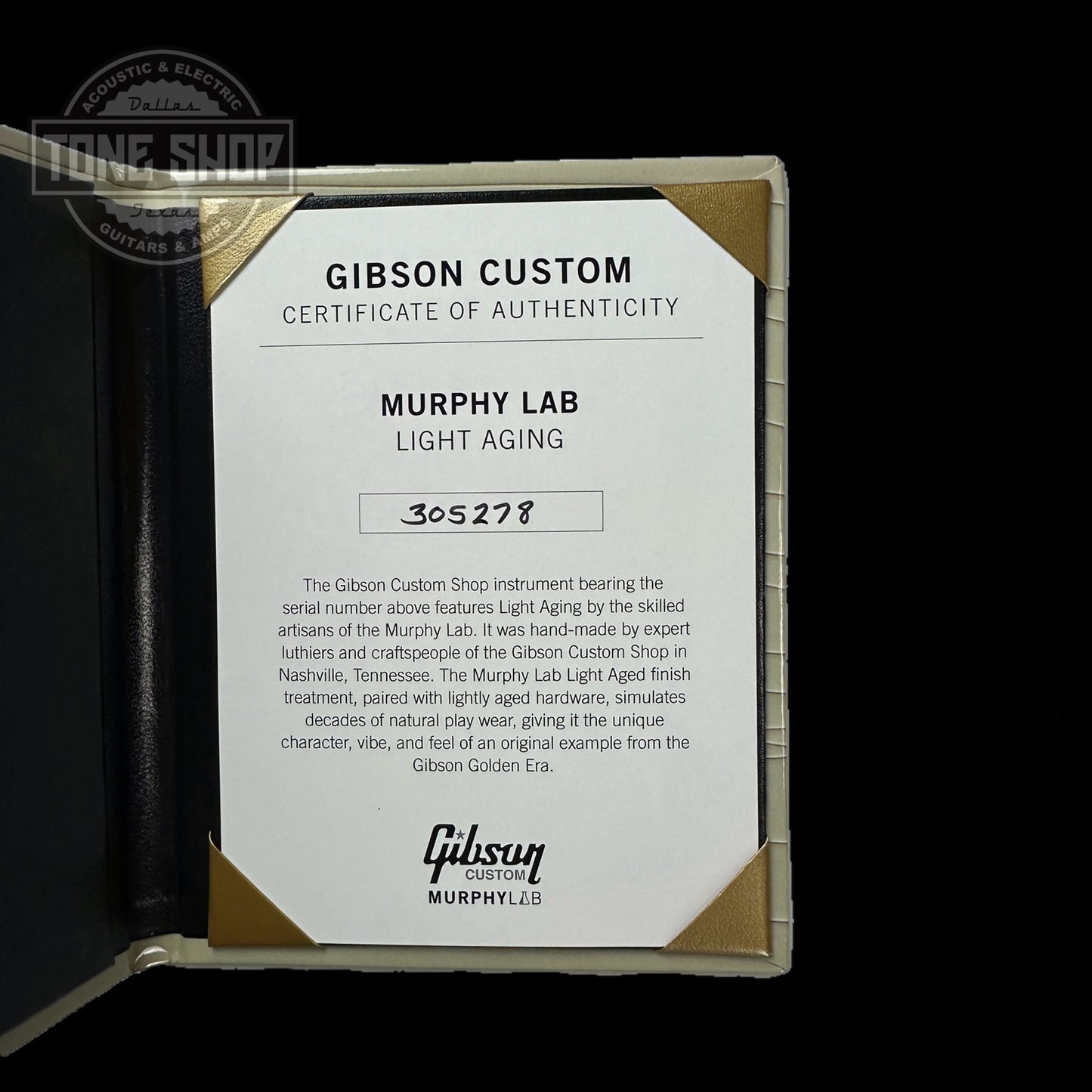 Certificate of authenticity for Gibson Custom Shop M2M 1968 Les Paul Custom Heavy Antique White Murphy Lab Light Aged GH.