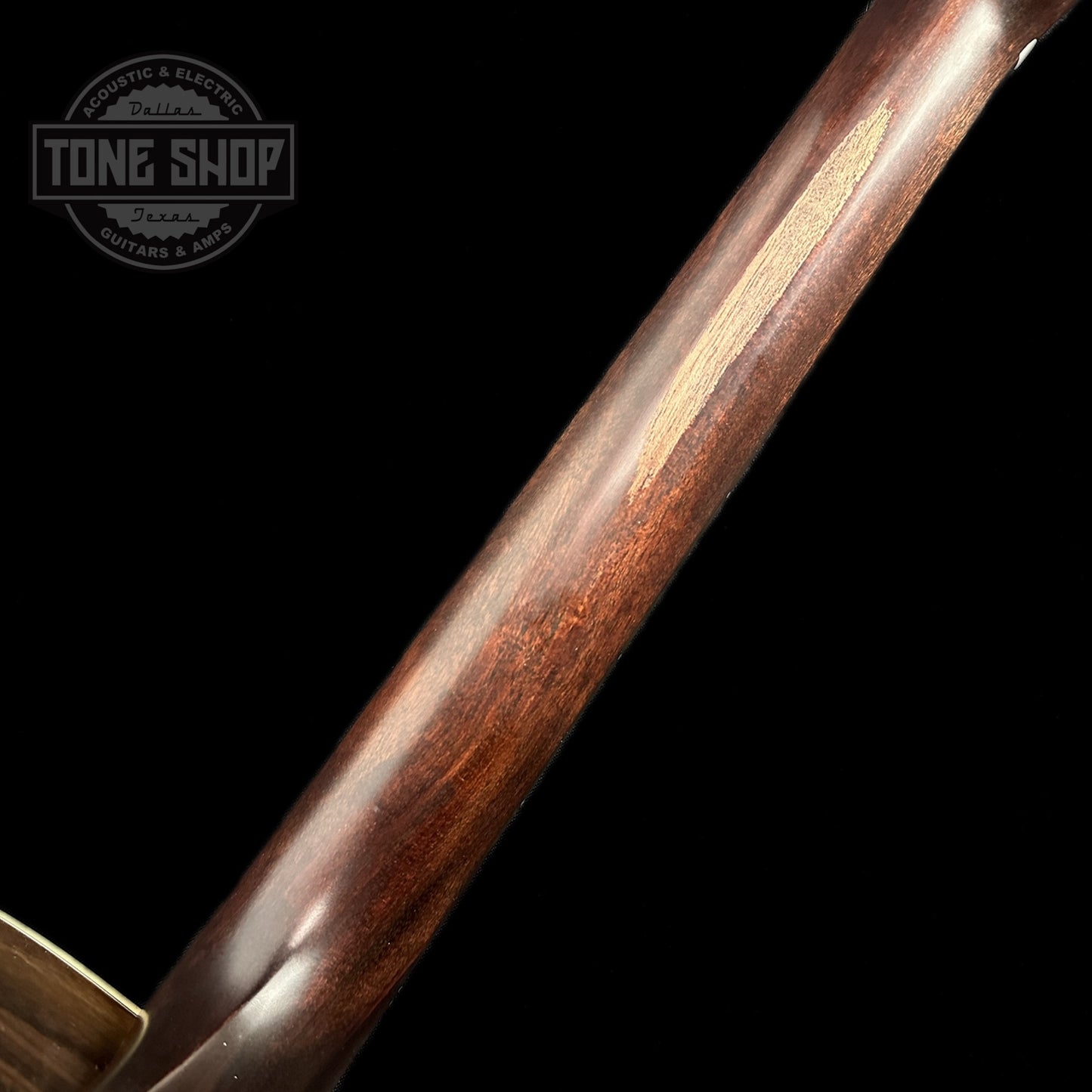 Back of neck of Huss & Dalton Stageworn Relic TD-R Custom Thermo-cured Adirondack/Wavy East Indian Rosewood.