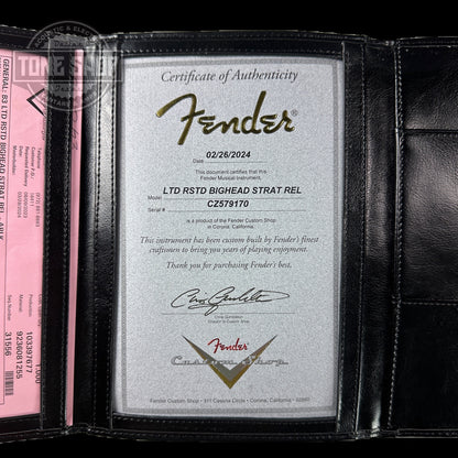 Certificate of authenticity for Fender Custom Shop 2023 Collection Ltd Roasted Big Head Strat Relic Aged Black.