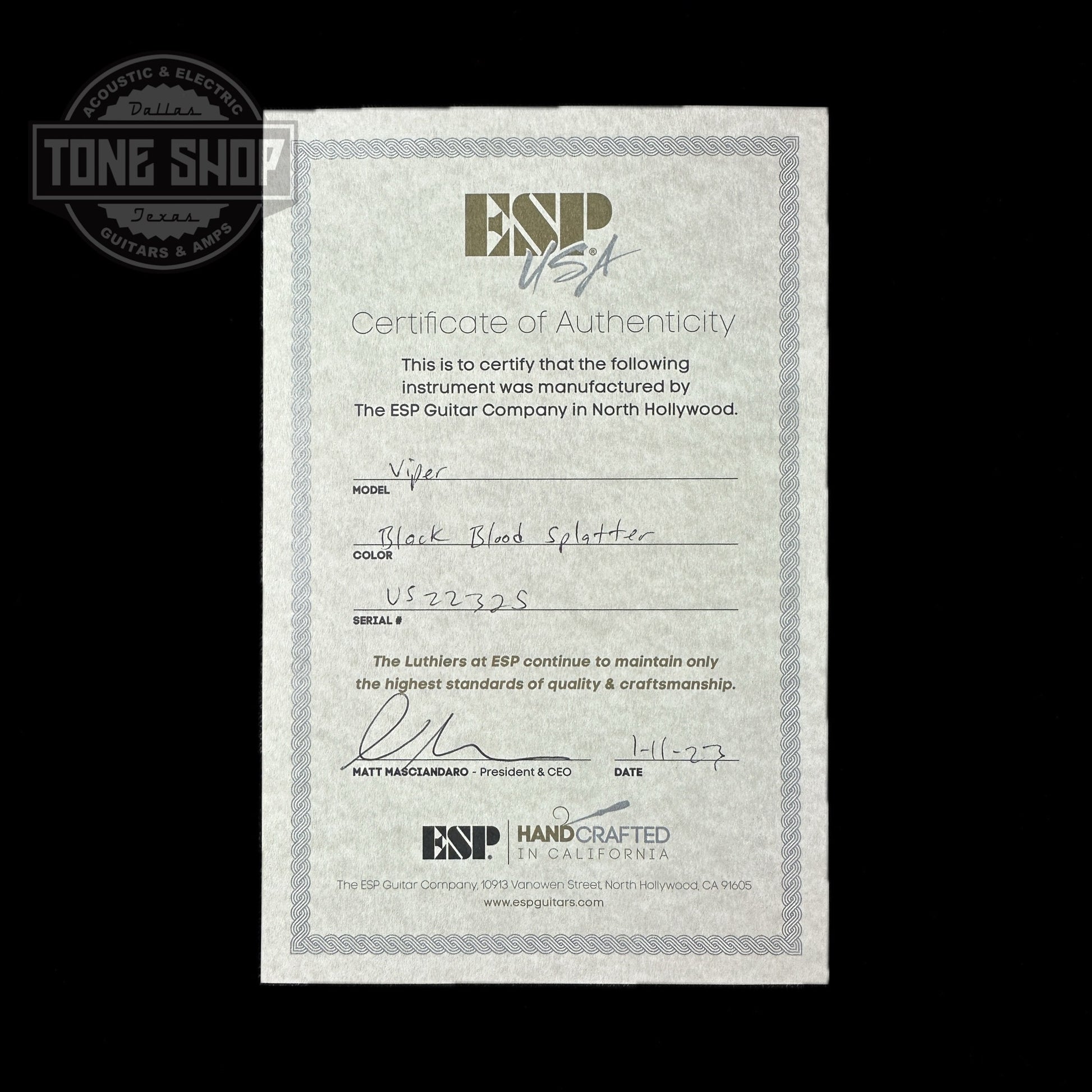 Certificate of authenticity for ESP USA Viper Black Blood Splatter.