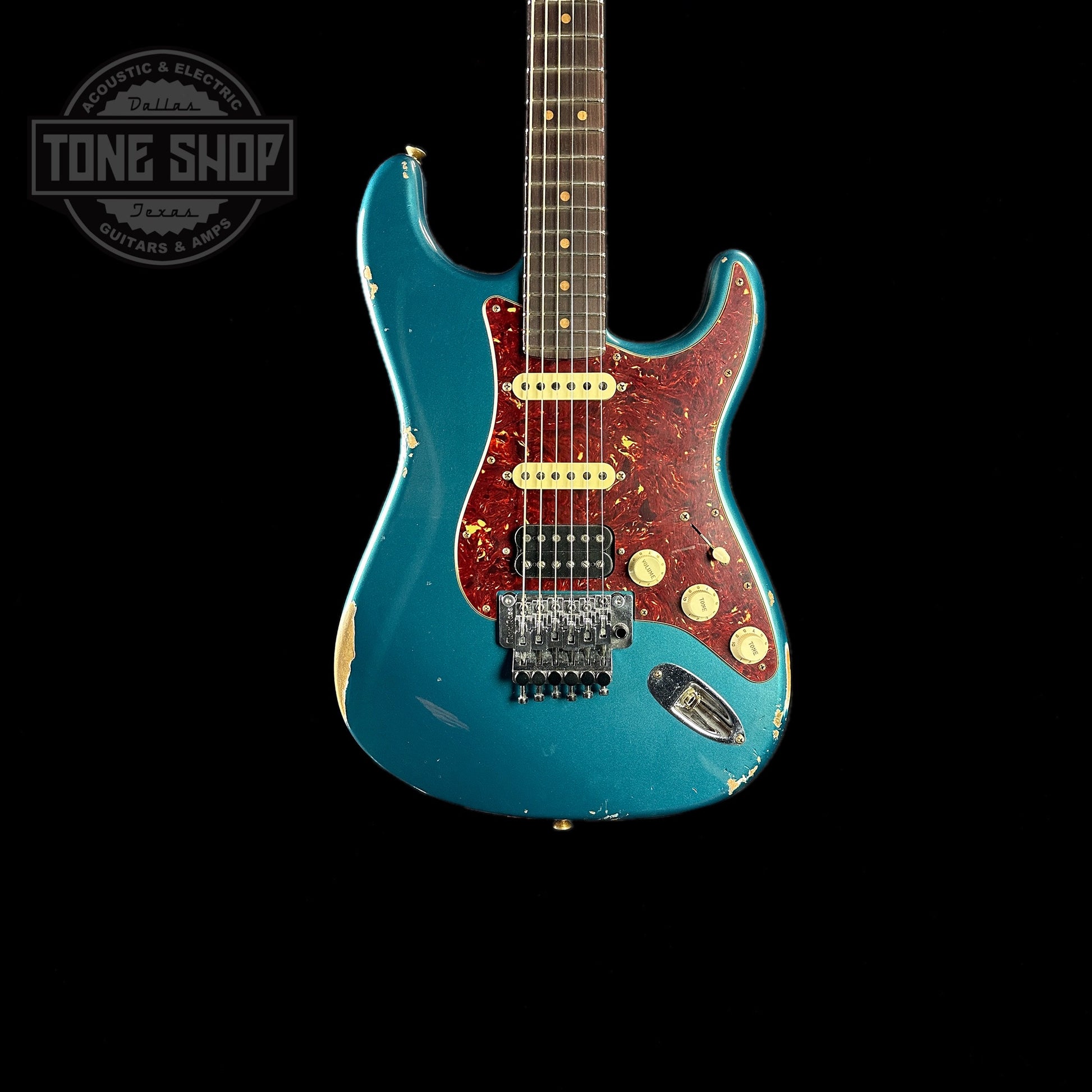 Front of body of Fender Custom Shop 69 Stratocaster Relic HSS Ocean Turquoise Reverse Headstock.