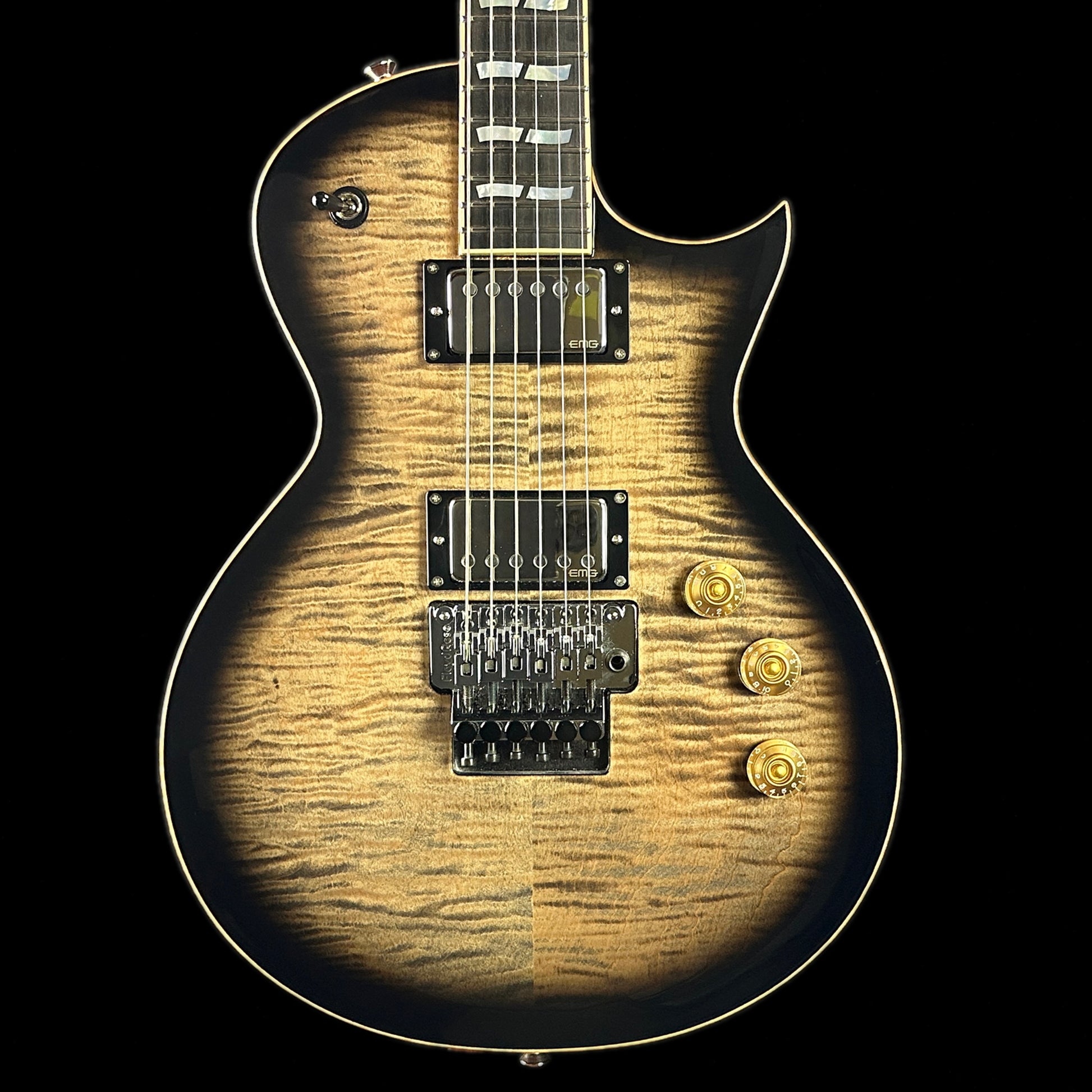 Front of body of Demo ESP USA Eclipse Floyd Rose See Thru Black Sunburst.