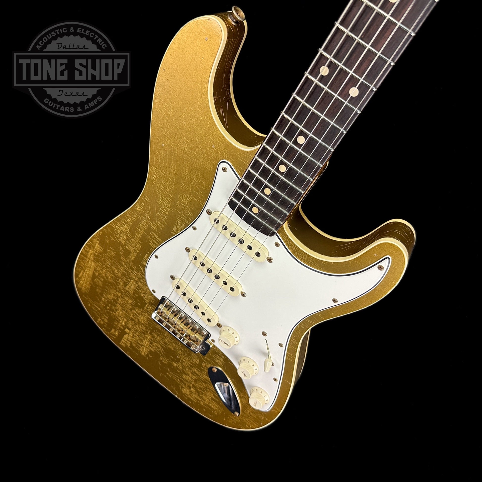 Front angle of Used 2021 Fender Custom Shop Double Bound Strat Aged Aztec Gold.