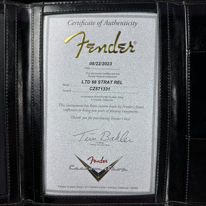 Certificate of authenticity for Fender Custom Shop Limited Edition 1968 Stratocaster Relic Aged Black.
