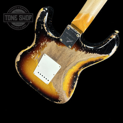 Back angle of Fender Custom Shop Limited Edition 61 Bone Tone Strat Super Heavy Relic Super Faded Aged 3 Color Sunburst.