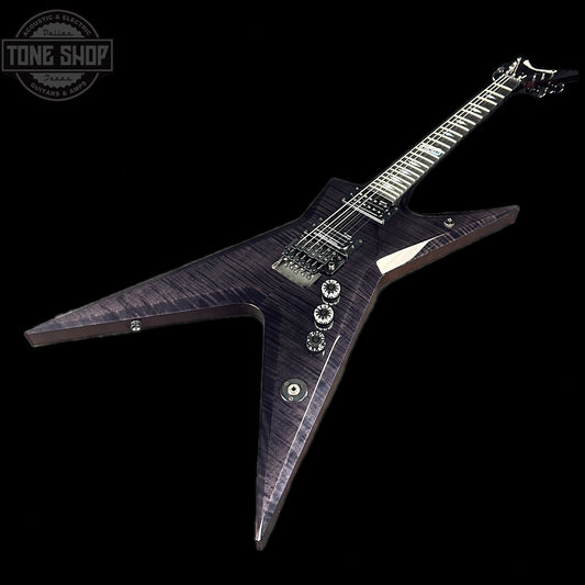 Front angle of Dean USA Dime Stealth Floyd Flame Top Trans Black.