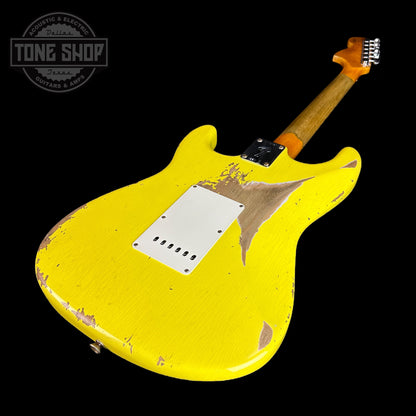 Back angle of Used Fender Custom Shop '69 Strat HSS Graffiti Yellow Heavy Relic.