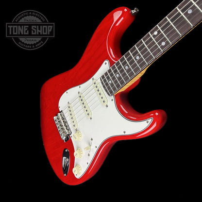 Front angle of Fender Custom Shop American Custom Stratocaster RW Crimson Transparent NOS.
