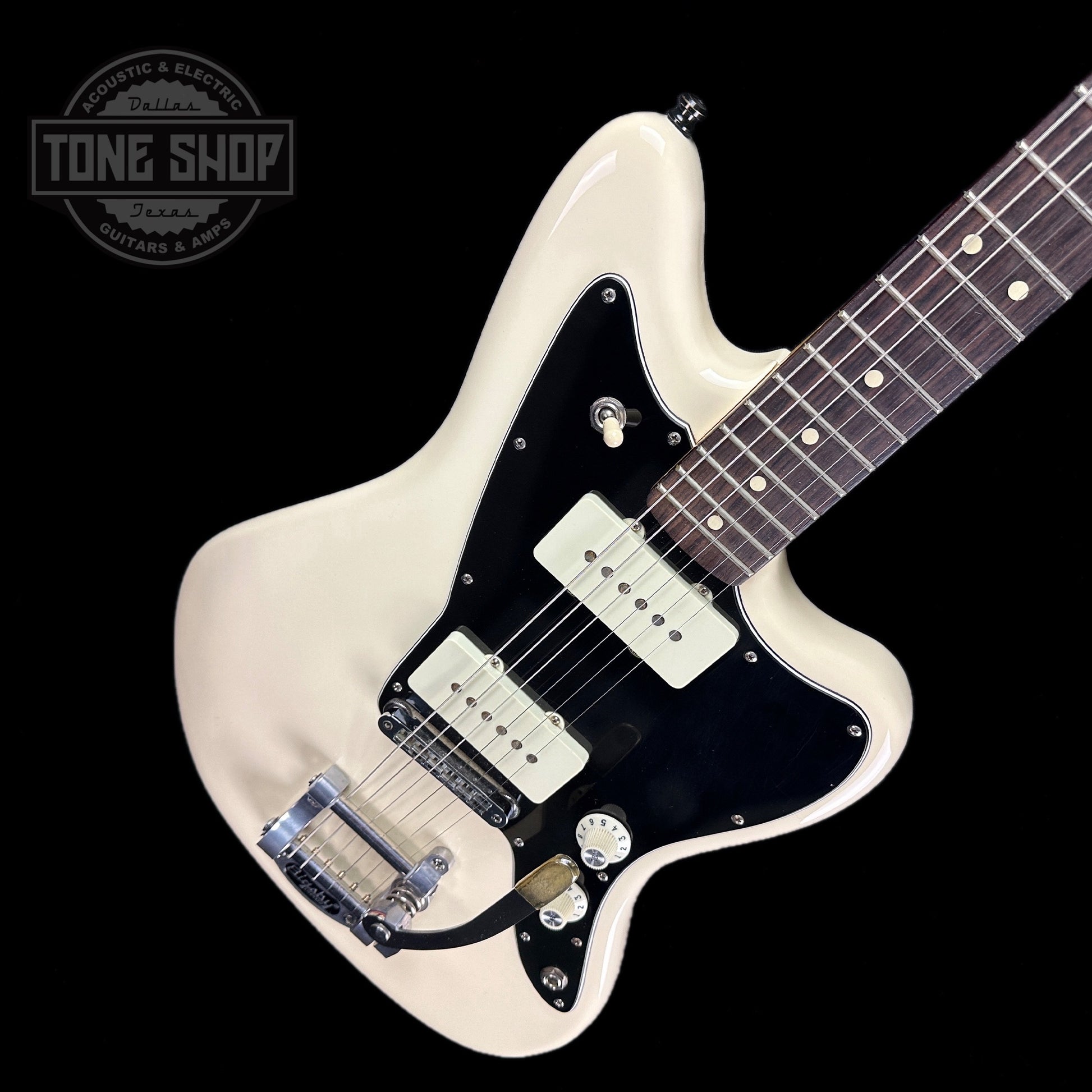 Front angle of Used Fender Limited Edition American Performer Jazzmaster White w/ Bigsby.