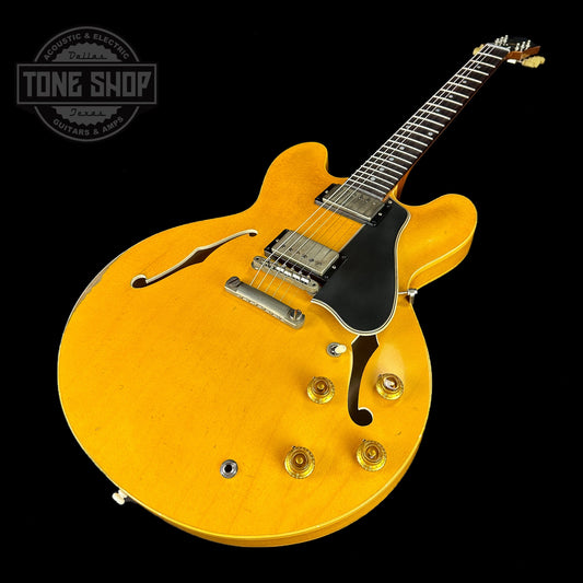 Front angle of Gibson Custom Shop 1958 ES-335 Dirty Blonde Murphy Lab Heavy Aged Limited.