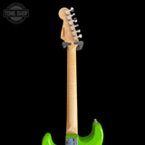 Back of headstock of Used 2025 Squier FSR Sonic Stratocaster HTH Lime Green TSS7413.