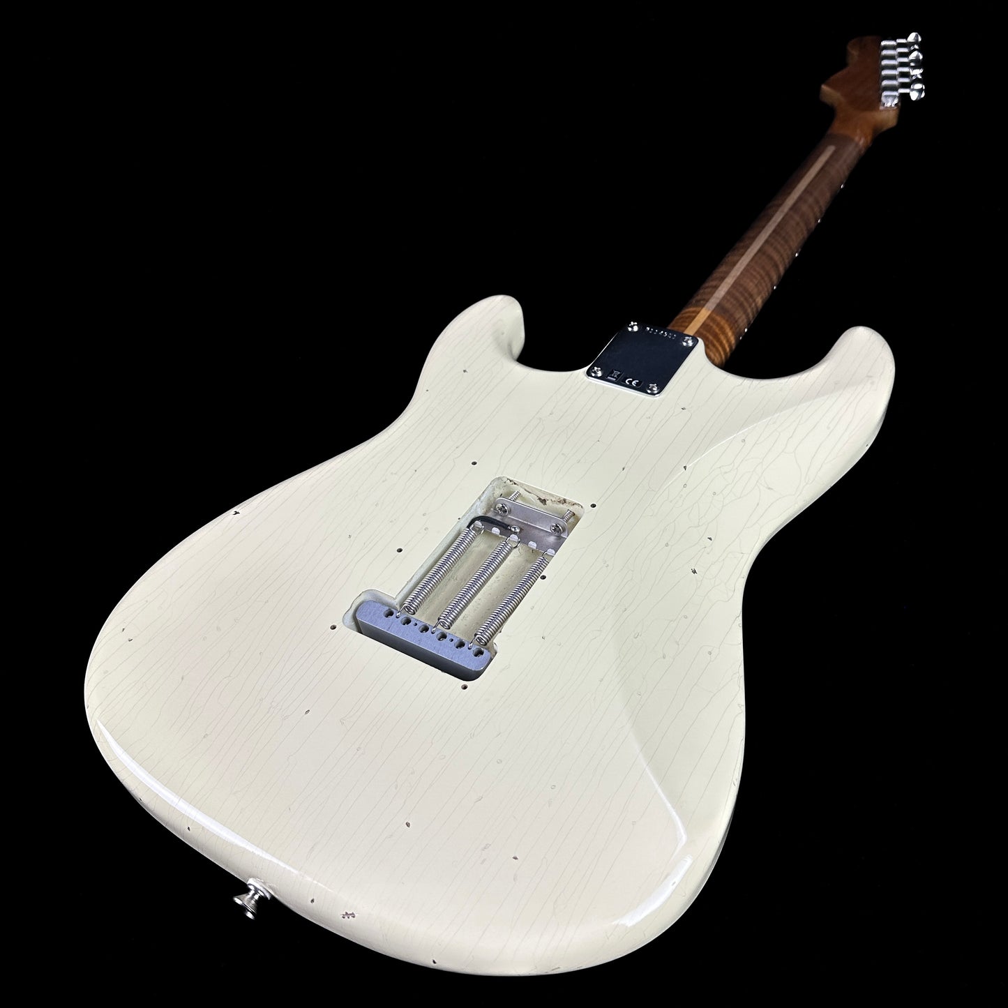 Back angle of Used Fender Custom Shop Roasted 60's Stratocaster Journeyman Relic Vintage White.