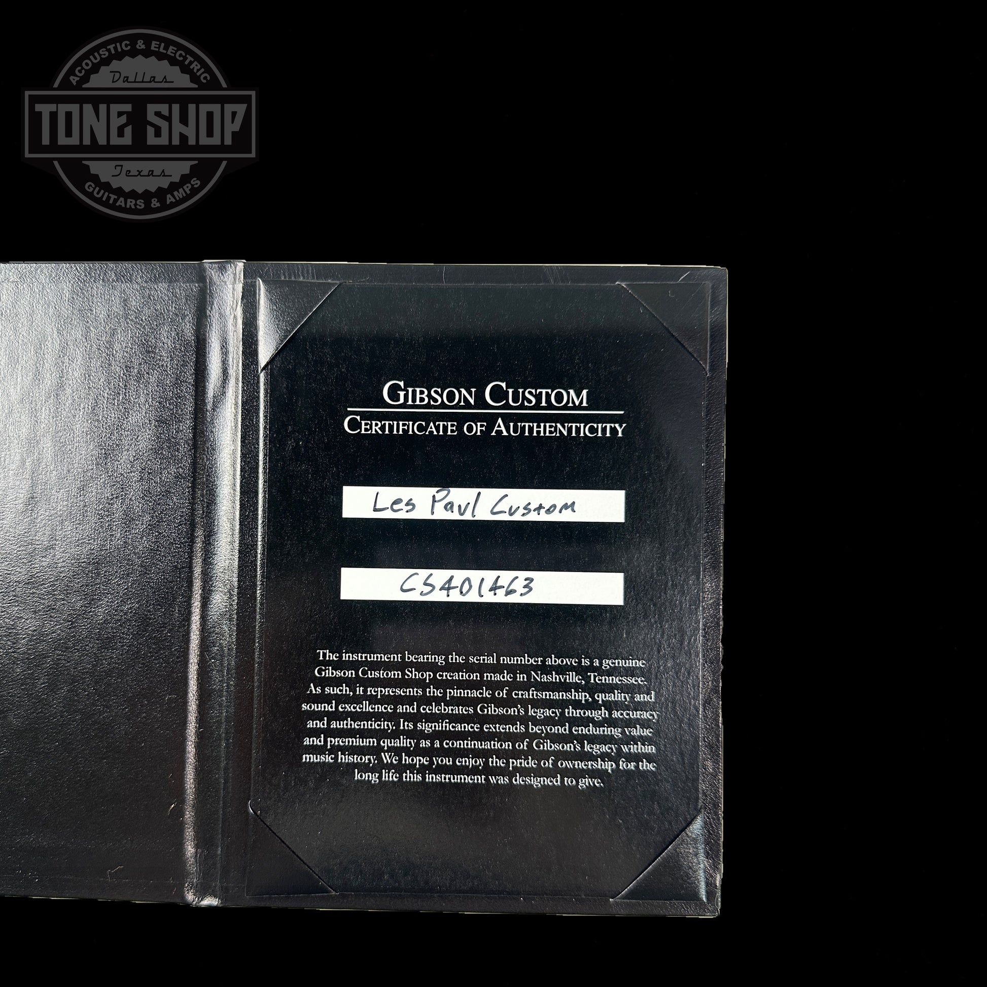 Certificate of authenticity for Gibson Custom Shop Les Paul Custom Alpine White w/ Ebony Fingerboard Gloss.