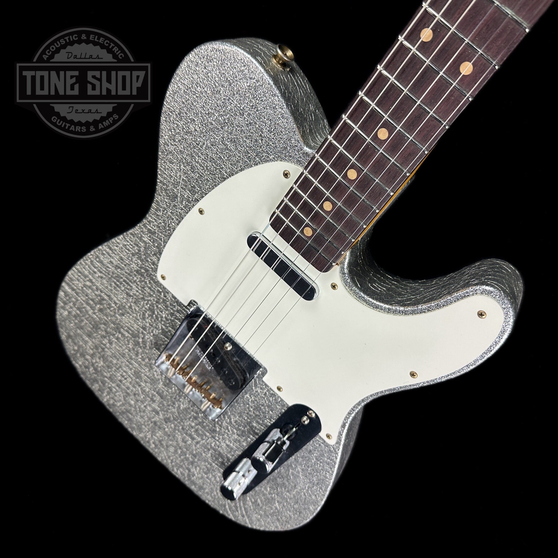 Front angle of Fender Custom Shop Limited Edition '60 Tele Journeyman Relic Aged Silver Sparkle.