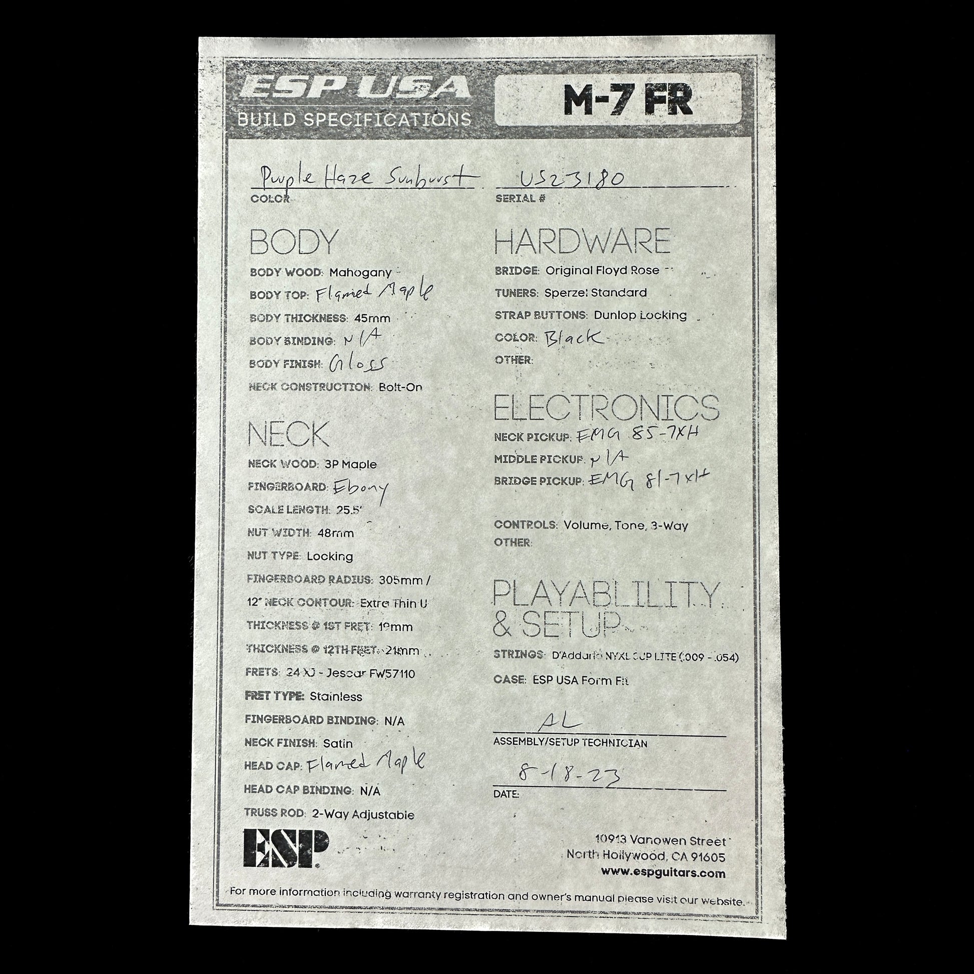 Spec sheet for ESP USA M7 FR FM E BH EMG Purple Sunburst.