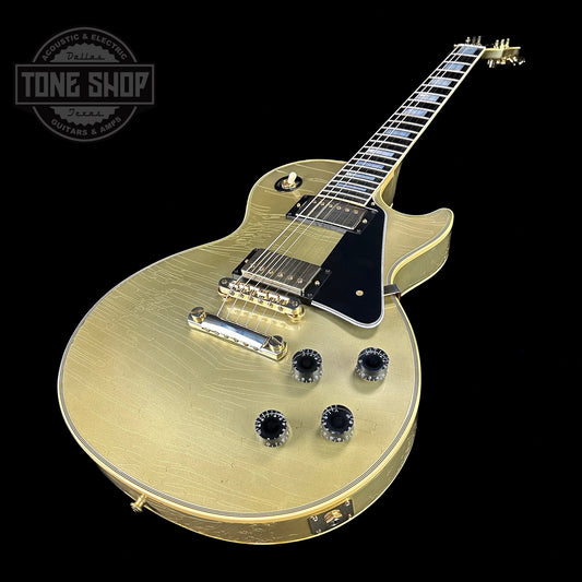Front angle of on Custom Shop M2M Les Paul Custom Antique Silver Murphy Lab Light Aged GH.