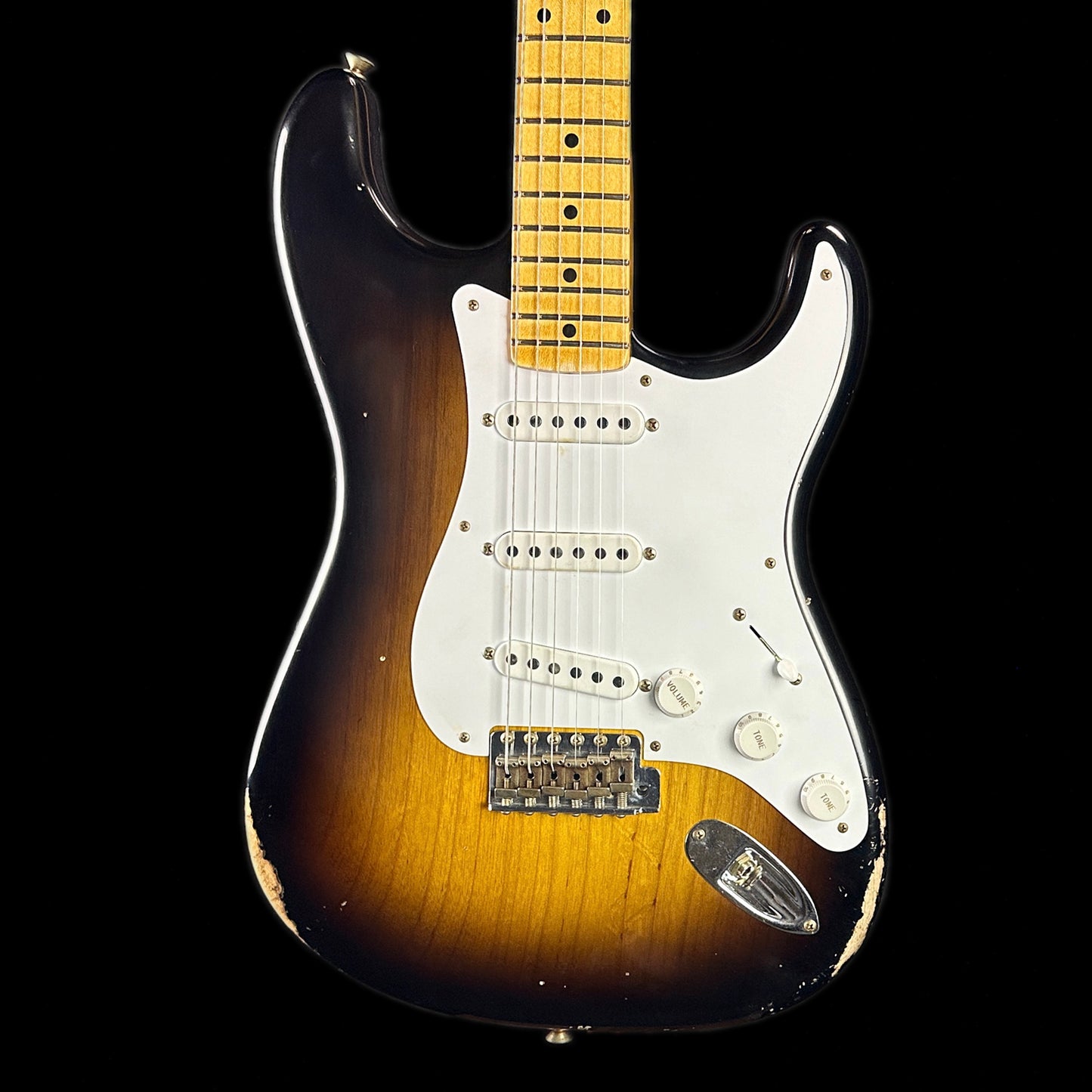 Front of body of Fender Custom Shop LTD 70th Anniversary 1954 Stratocaster Relic 2-Color Sunburst.