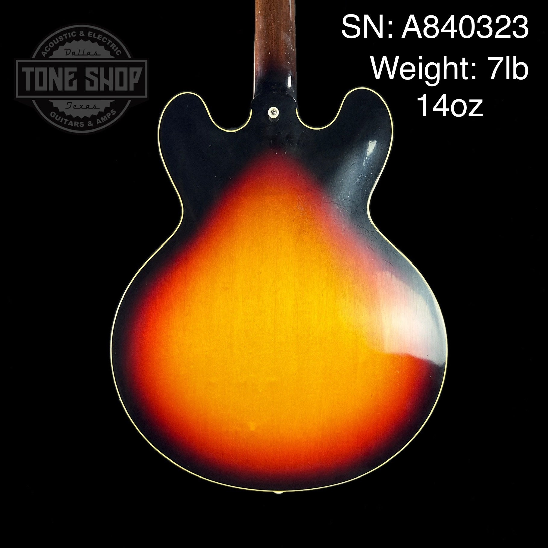 Back of body of Gibson Custom Shop 1958 ES-335 Tri-burst Murphy Lab Light Aged Limited.
