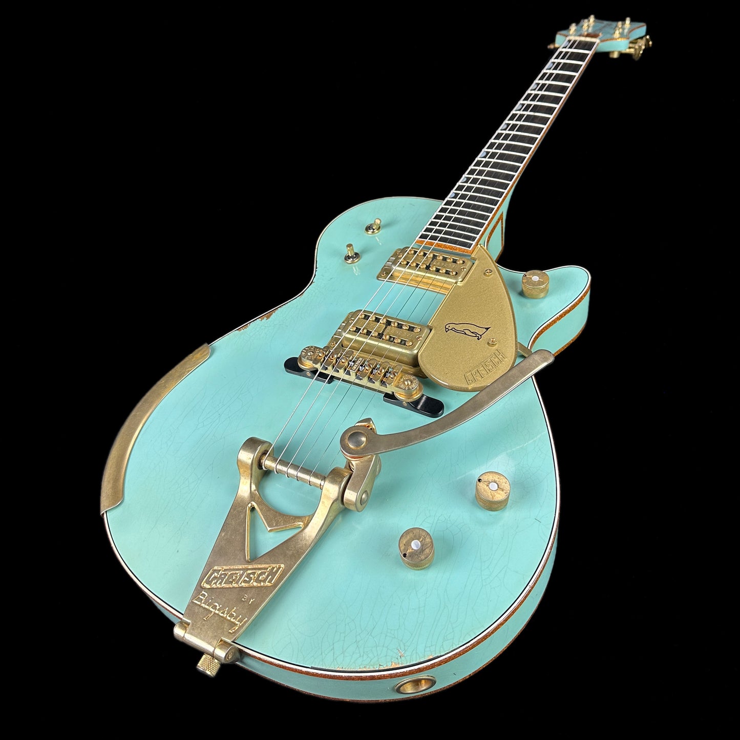 Front angle of Gretsch Custom Shop G6134-59 Penguin Relic Daphne Blue.