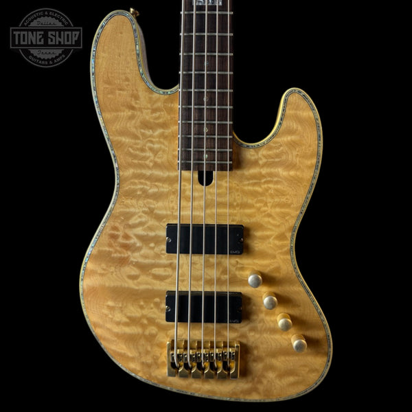 Front of Used ESP LTD Deluxe J-1005 5-String Bass Quilted Natural.