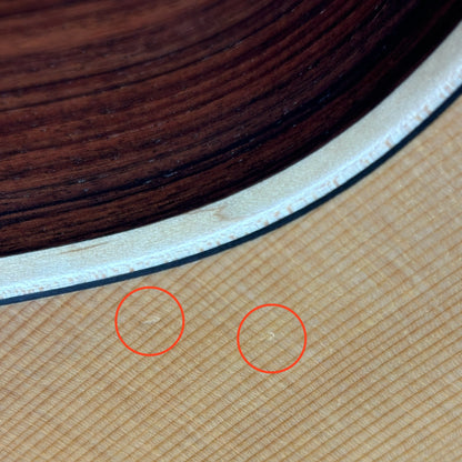 Two small dings on body of Used Larivee L-03-12R.