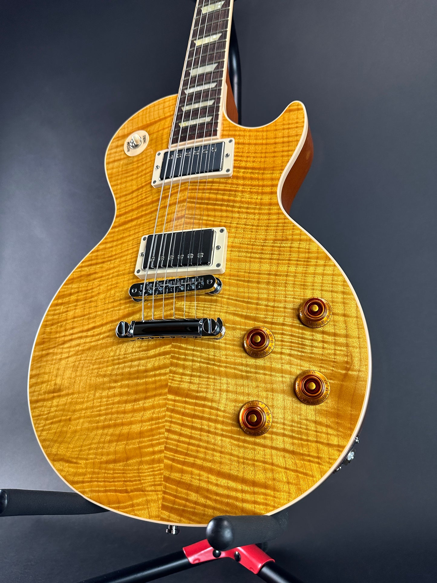 Front angle of Used 2012 Gibson Les Paul Standard Flamed Amber.