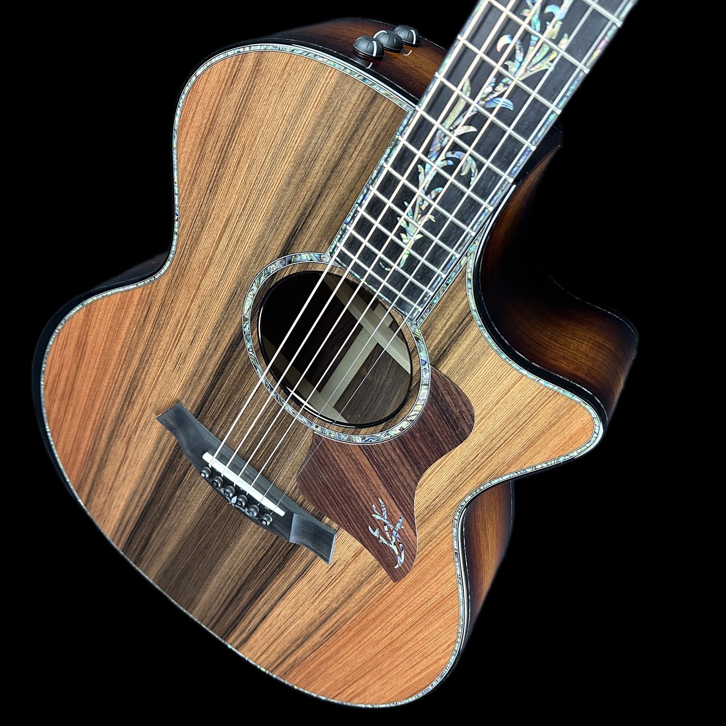Front angle of Taylor PS14ce Honduran Rosewood/Sinker Redwood V-Class Bracing.