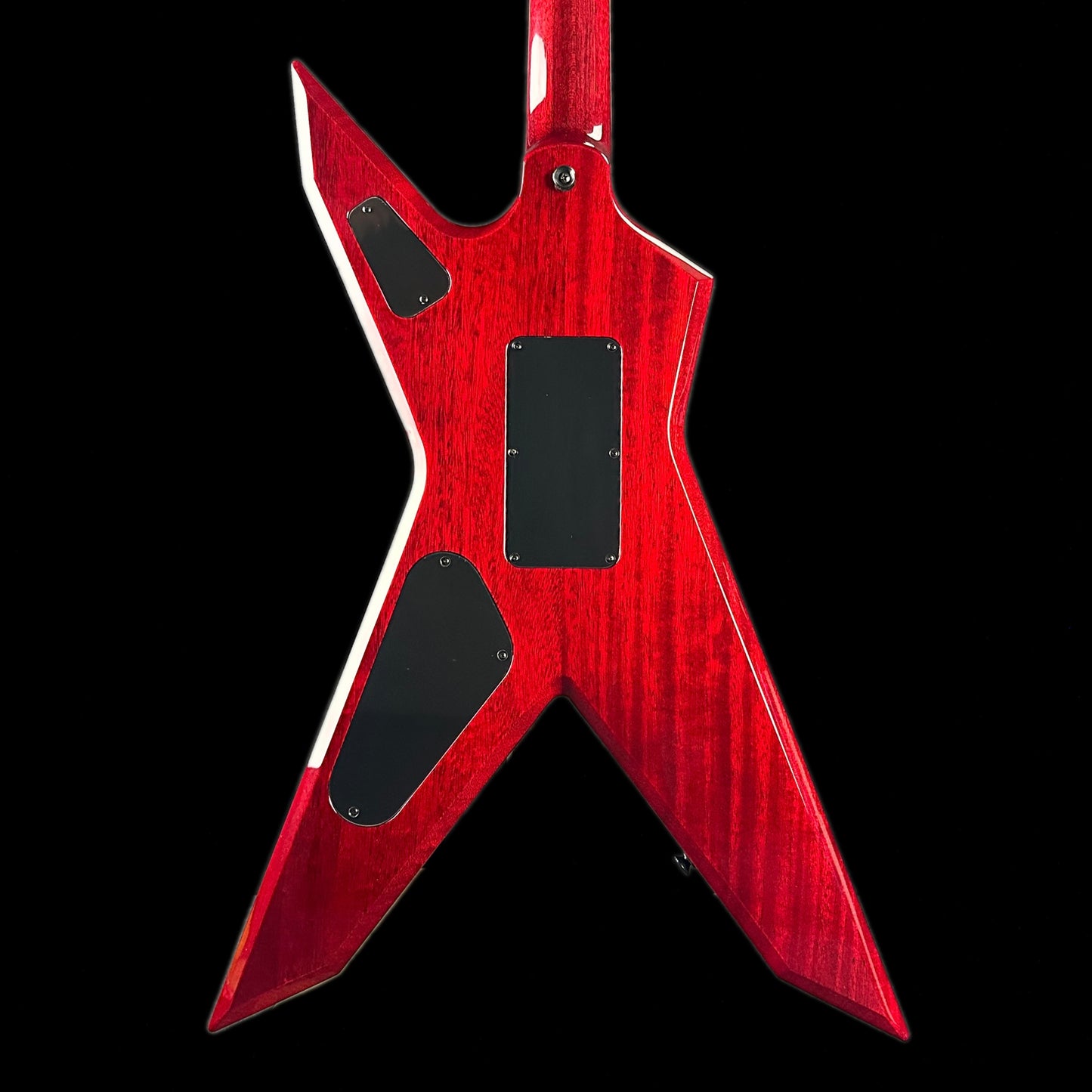 Back of body of Dean USA Dime Rebel Flame Top Trans Red.