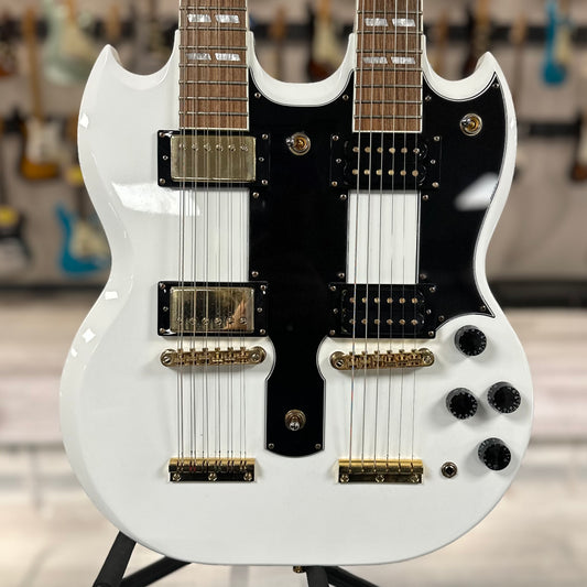 Front of Used 2018 Epiphone G-1275 Double Neck Classic White w/case TSS4006