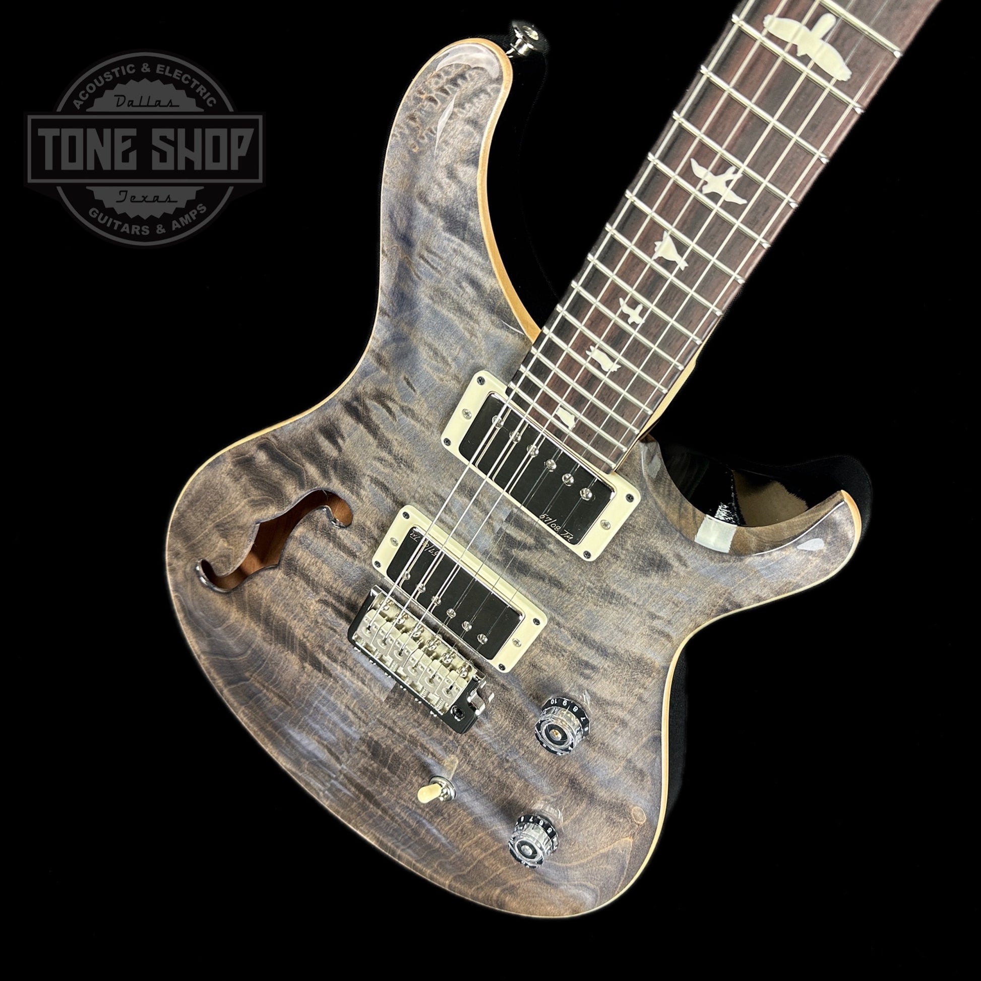 Front angle of PRS Paul Reed Smith CE24 Semi-Hollow Quilt Faded Gray Black.