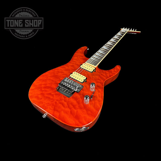 Front angle of Jackson Custom Shop Limited Edition Quilt Top Soloist Root Beer Trans.