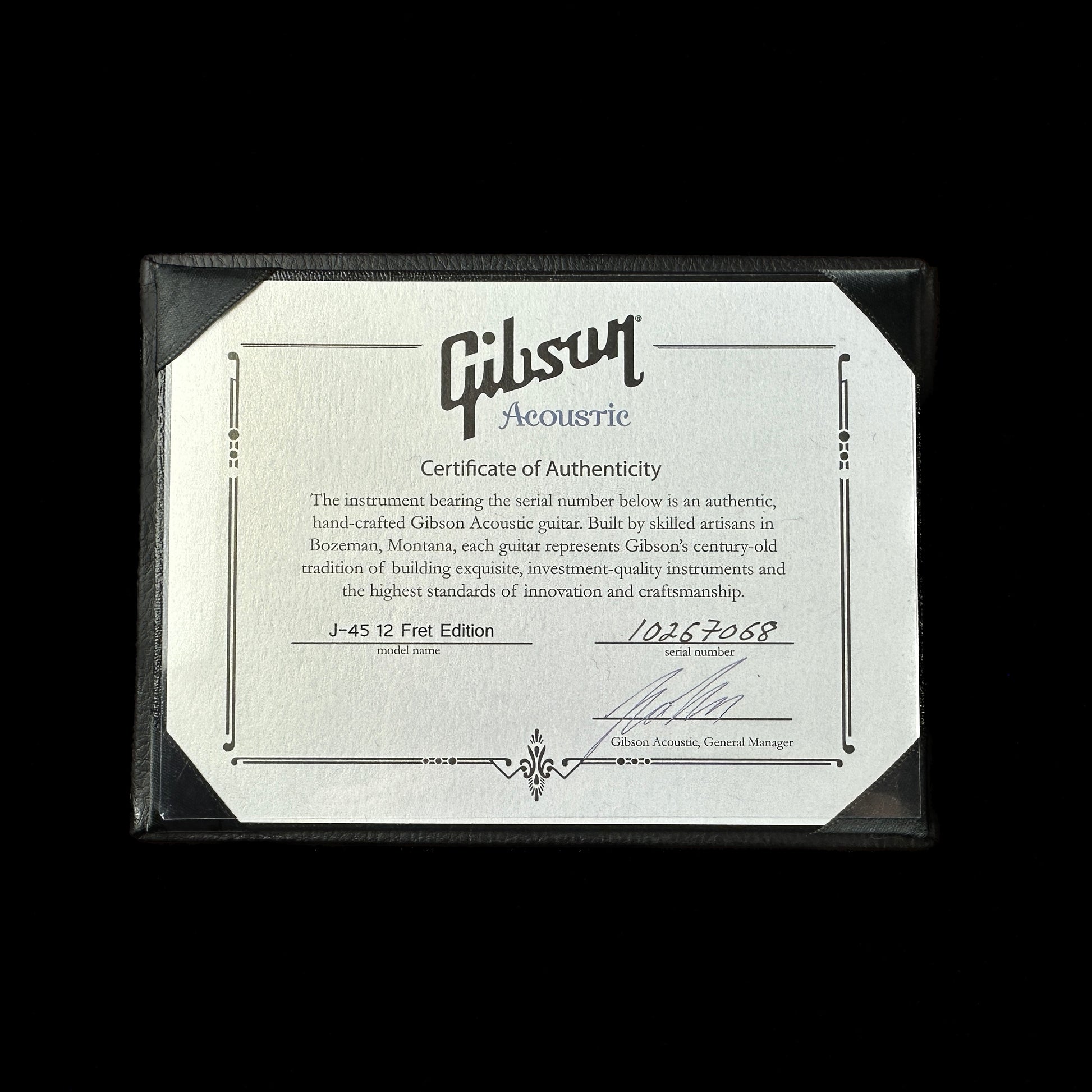Certificate of authenticity for Used Gibson J-45 12 Fret Edition Burst.