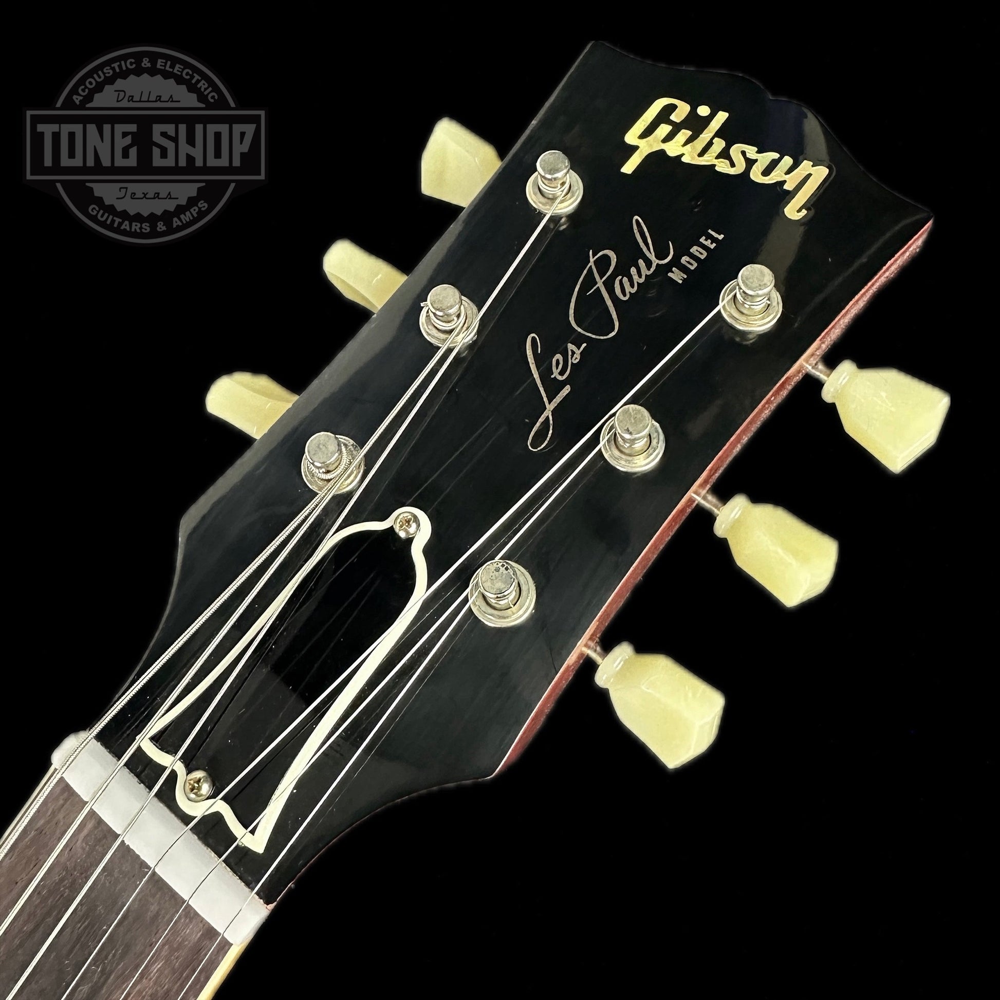 Front of headstock of Gibson Custom Shop M2M 1959 Les Paul Standard Golden Poppy Murphy Lab Ultra Light Aged.
