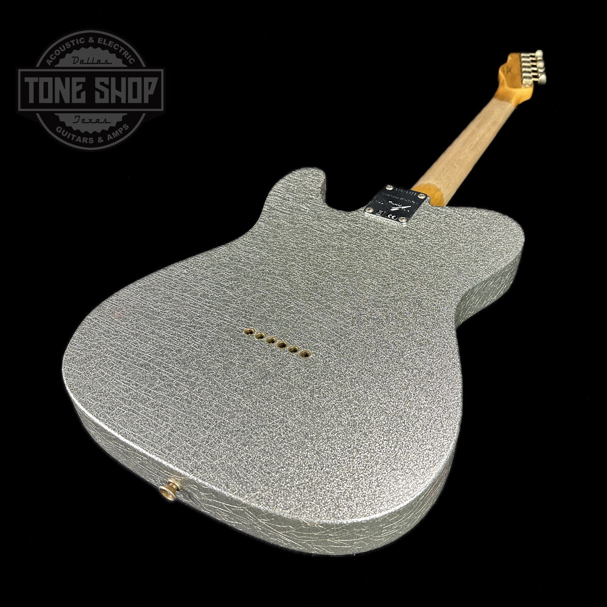 Back angle of Fender Custom Shop Limited Edition '60 Tele Journeyman Relic Aged Silver Sparkle.