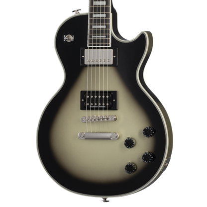 Front of Epiphone Adam Jones Les Paul Custom Art Collection: Julie Heffernan's “Study For Self Portrait with Rose Skirt and a Mouse" Antique Silverburst.