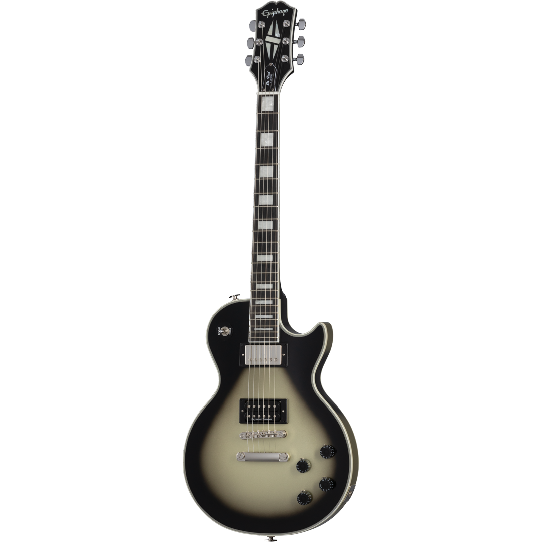 Full frontal of Epiphone Adam Jones Les Paul Custom Art Collection: Julie Heffernan's “Study For Self Portrait with Rose Skirt and a Mouse" Antique Silverburst.
