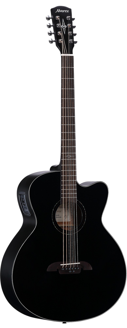 Full frontal of Alvarez Artist ABT60CE-8BK Baritone 8-String Acoustic Electric w/Cutaway Black.
