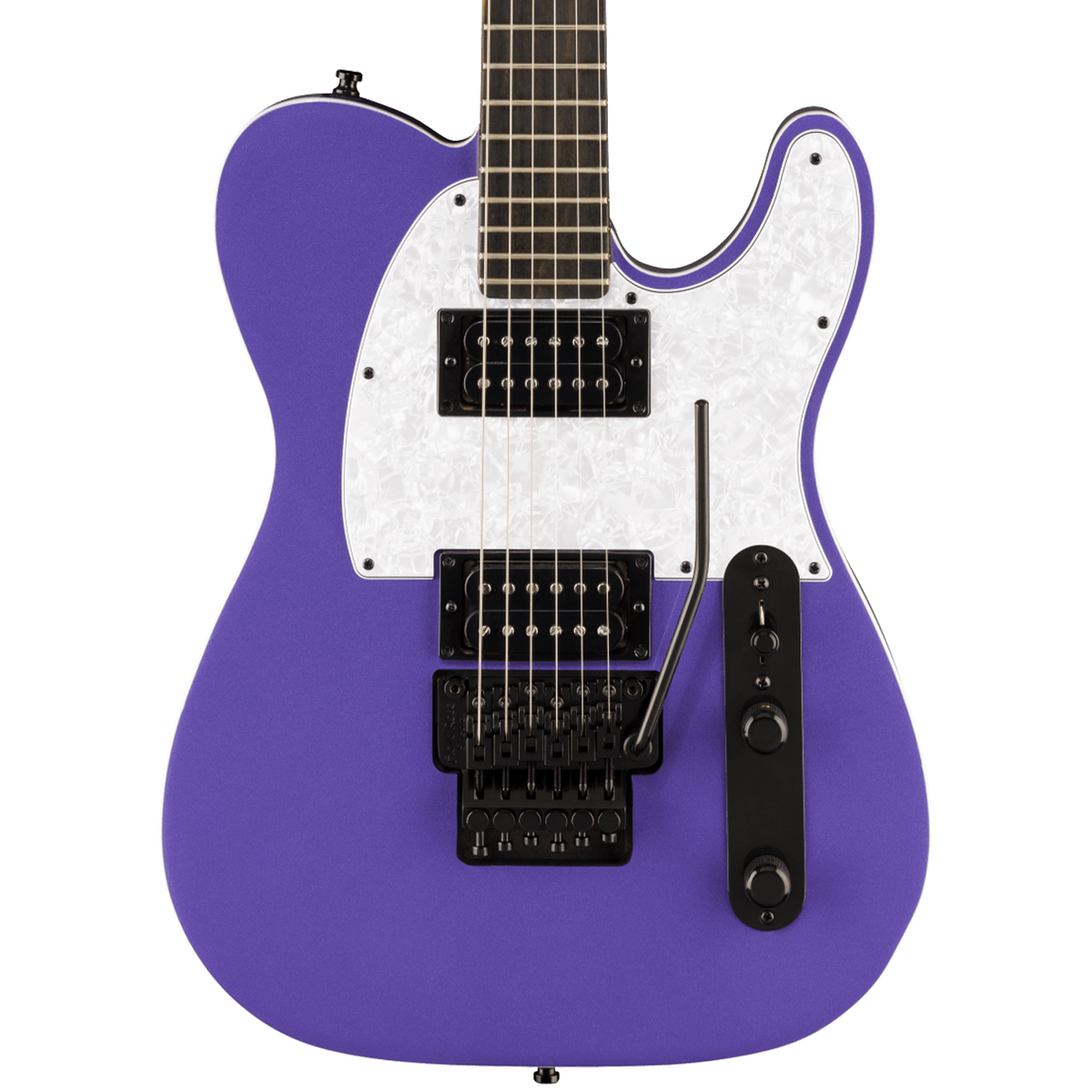 Front Body photo of Fender Limited Edition Player Fusion Telecaster HH Floyd Rose Ebony Aura Metallic against a white background. 